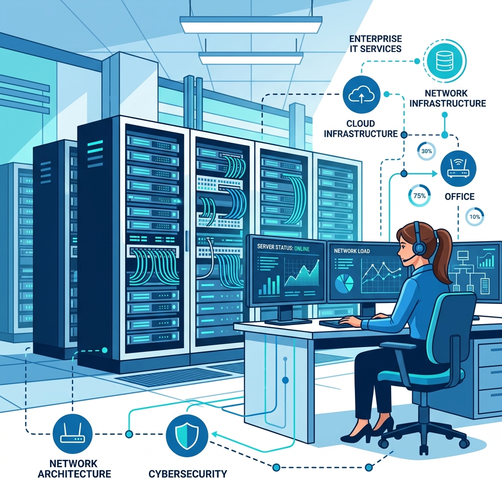 Corporate IT server room and tech monitoring illustration